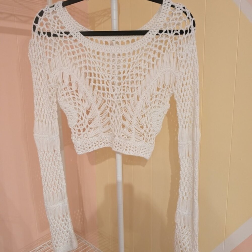 White Crochet Long Sleeve Crop Top